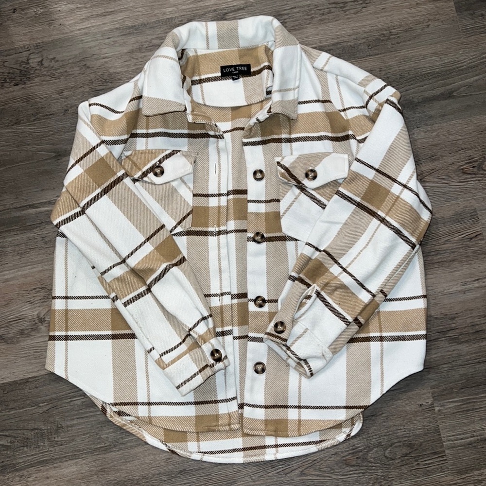 Tan, Brown, and White shacket.